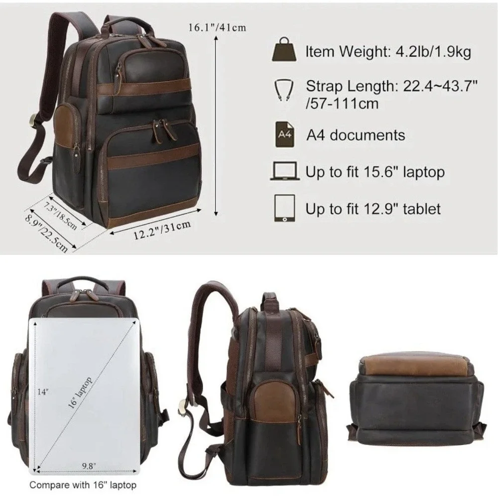 TIDING Men's Vintage Leather Backpack 15.6